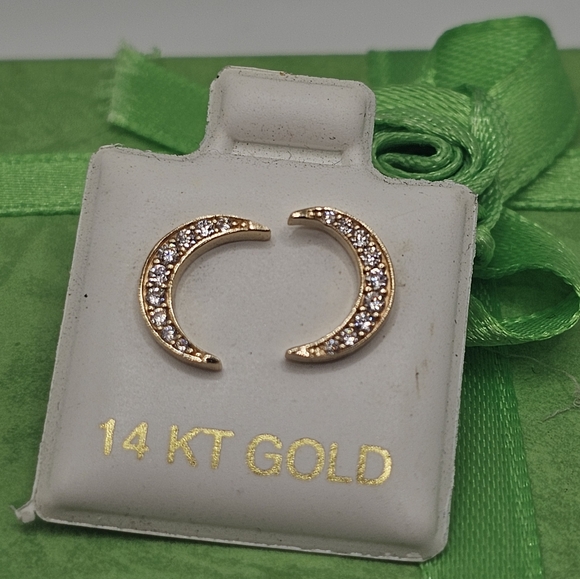 14KT Gold CZ Moon Push Back Fancy Earrings - Picture 3 of 10